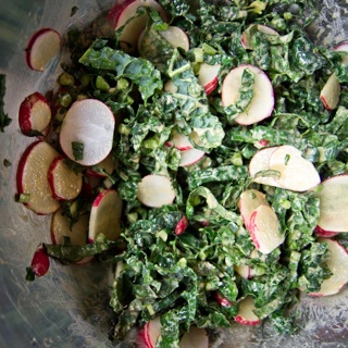 raddish and kale salad, tahini dressing